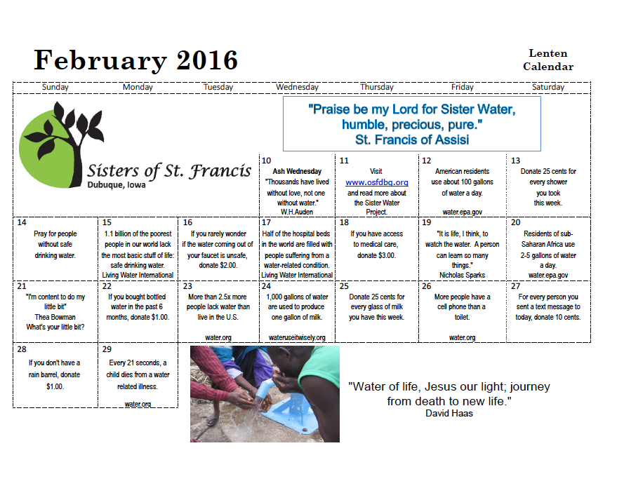 Sister Water Committee Creates Lenten Calendar
